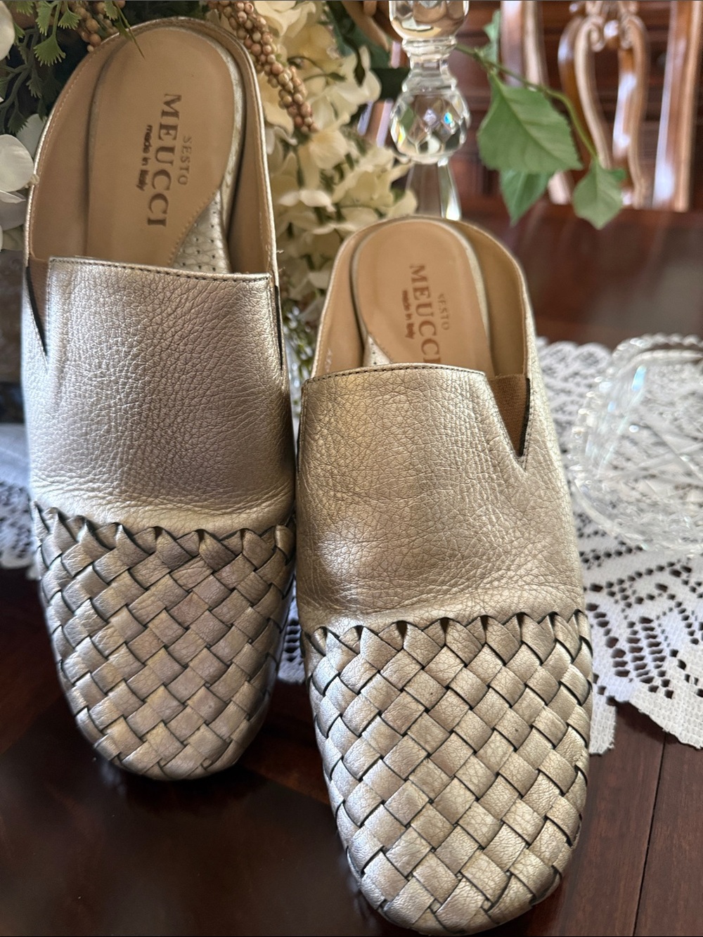 Sesto Meucci Woven Leather Mule Flat Metallic Pewter Size8 1/2 Made in Italy